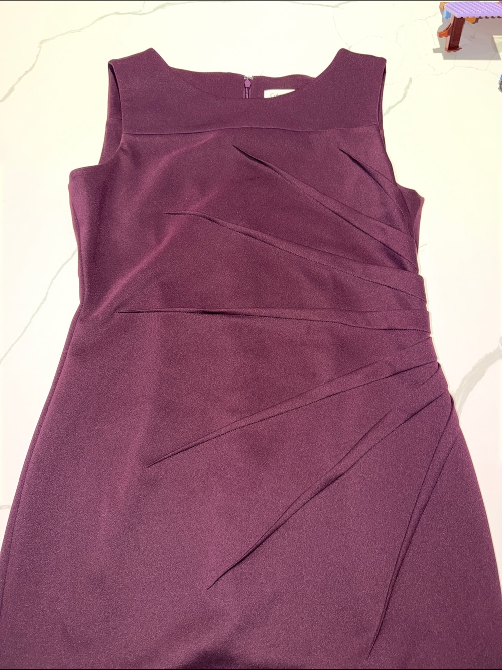 Calvin Klein Plum Sleeveless Sheath Dress with Asymmetric Pleats